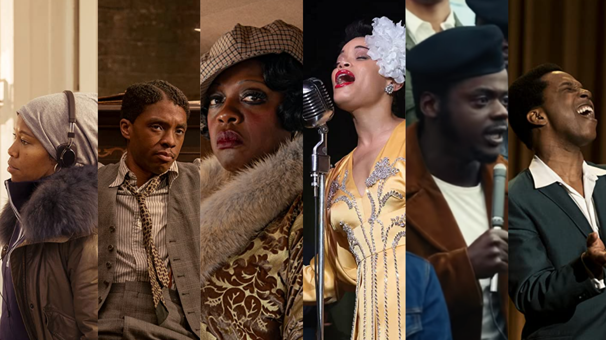 Regina King, left, on set of One Night In Miami; Chadwick Boseman in Ma Rainey’s Black Bottom; Viola Davis in Ma Rainey’s Black Bottom; Andra Day in The United States Vs. Billie Holiday; Daniel Kaluuya in Judas and the Black Messiah; Leslie Odom, Jr. in One Night In Miami. Photo: Amazon Prime Video