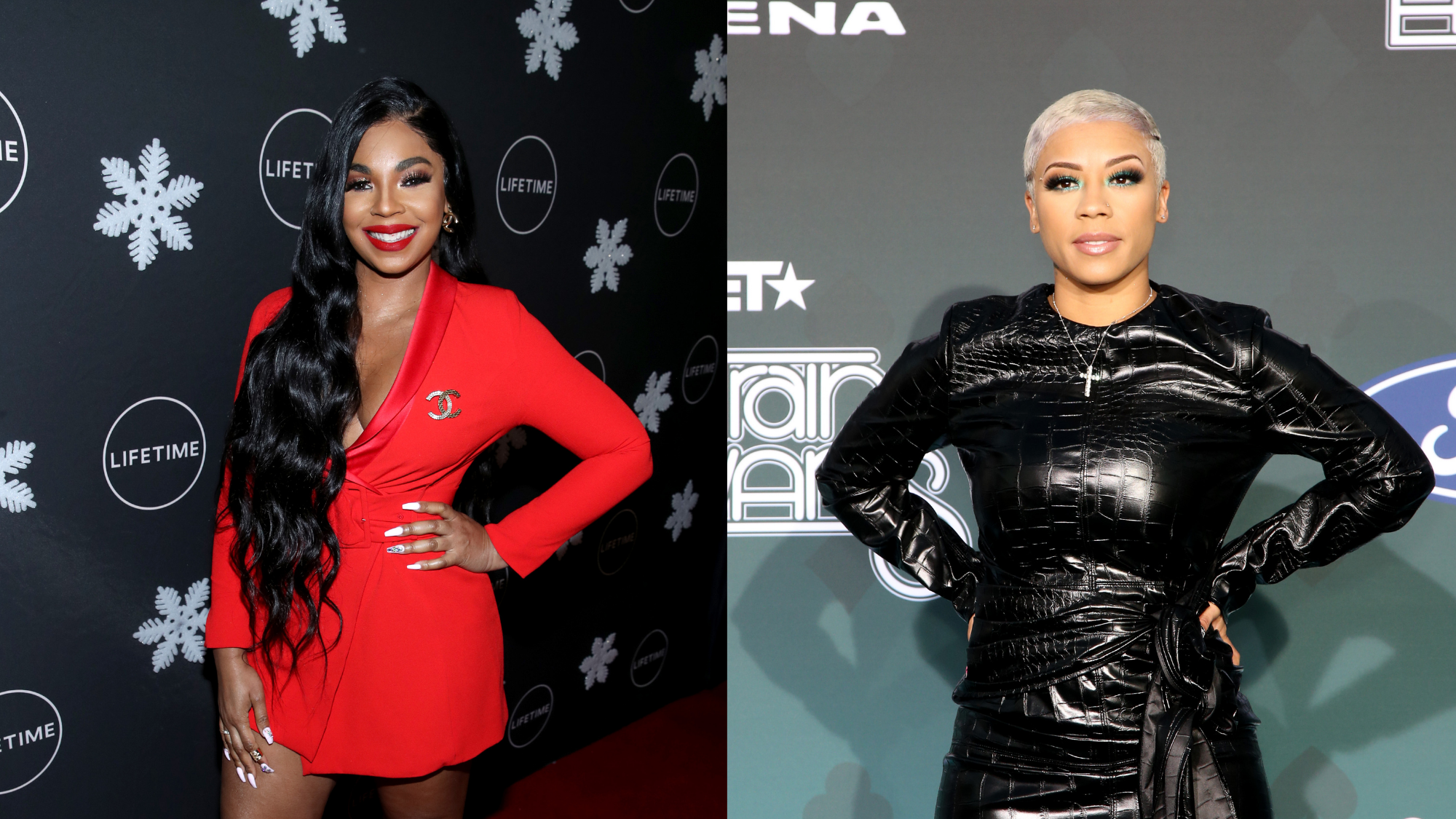 Ashanti Douglas attends “It’s a Wonderful Lifetime” first holiday party of the year at STK Los Angeles on October 22, 2019; Keyshia Cole attends the 2019 Soul Train Awards at the Orleans Arena on November 17, 2019. Photo: Getty Images Randy Shropshire/Getty Images for Lifetime
