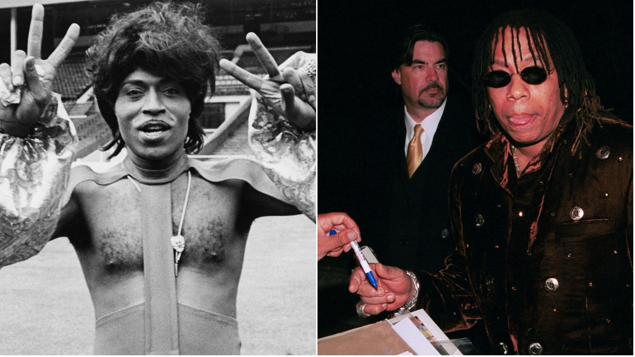 Little Richard, left, as he prepares to perform at Wembley Stadium, 1972; Rick James poses at the film premiere of “I Spy” on October 23, 2002, in Hollywood, Calif. Image: Rosemary Matthews for Keystone Features & David Klein (Getty Images)