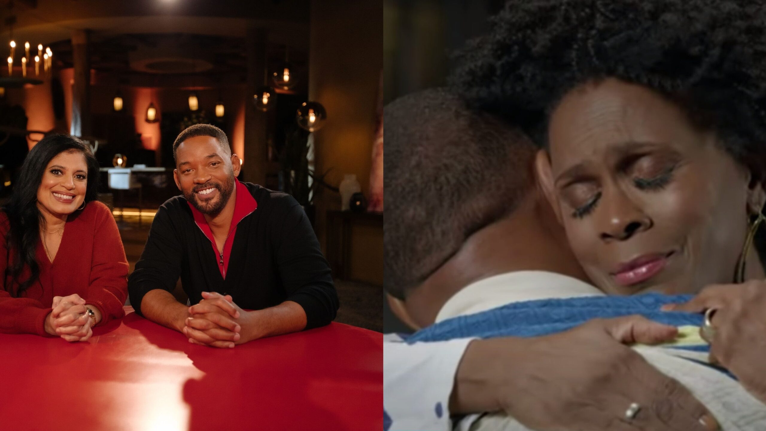 Dr. Ramani Durvasula and Will Smith on the “Will Smith’s Red Table Takeover: Resolving Conflict” episode of Red Table Talk (2020); Will Smith embraces Janet Hubert on The Fresh Prince of Bel-Air Reunion (2020) Photo: Courtesy of Facebook Watch