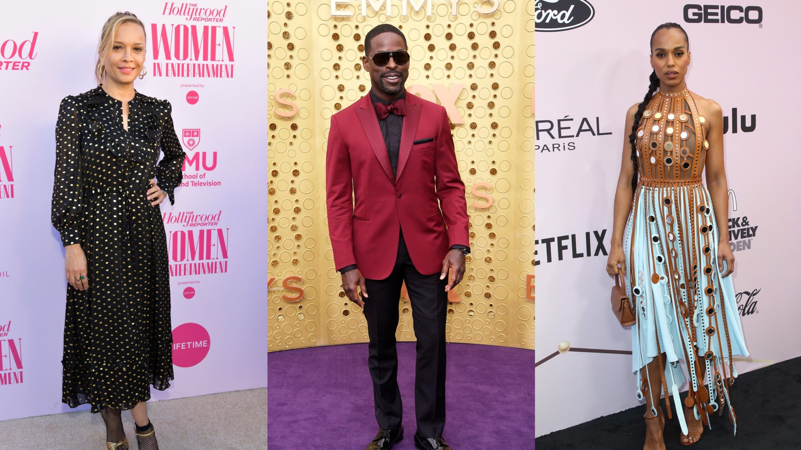 Victoria Mahoney at the THR’s Annual Women in Entertainment Breakfast Gala on December 11, 2019; Sterling K. Brown at the 71st Emmy Awards on September 22, 2019; Kerry Washington at the 13th Annual Essence Black Women In Hollywood Awards Luncheon on February 06, 2020. Photo: Getty Images Rodin Eckenroth/Getty Images