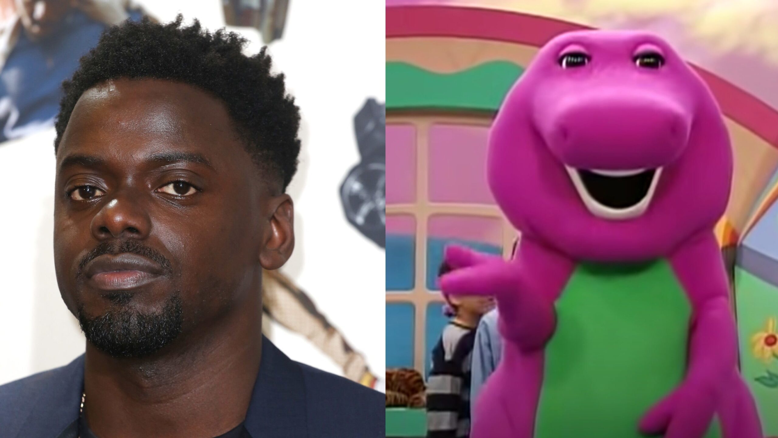 Daniel Kaluuya attends the “Queen & Slim” UK Premiere on January 28, 2020; Barney The Dinosaur Photo: Getty Images Lia Toby/Getty Images