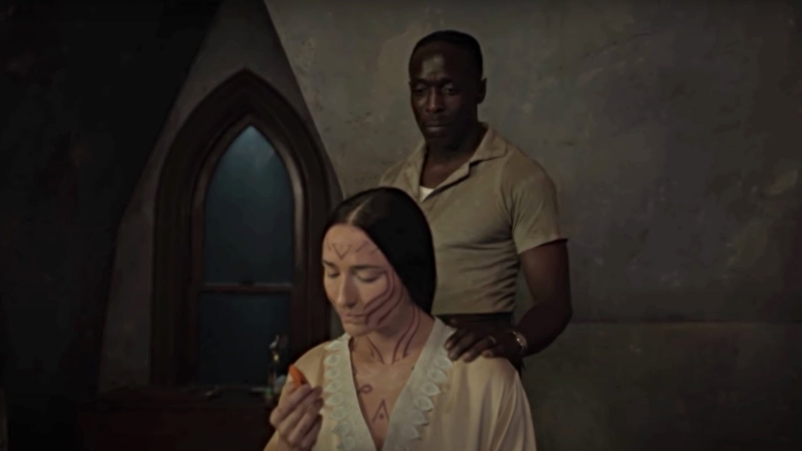 Yahima, seated, and Montrose in the pivotal final scene of Episode 4. Screenshot: HBO