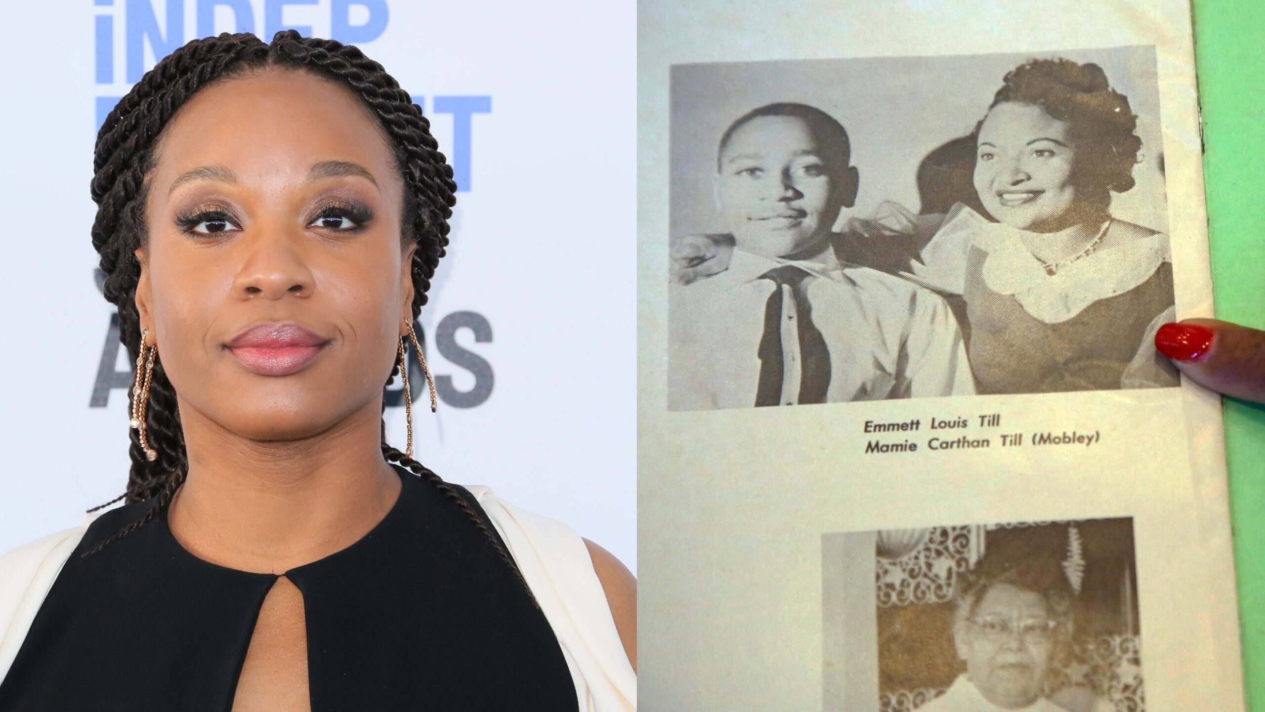 Chinonye Chukwu arrives for the 35th Film Independent Spirit Awards in on February 8, 2020; Deborah Watts of Minneapolis points out a widely seen 1950s photograph of her cousin Emmett Till and his mother Mamie Till Mobley Photo: Getty Images Jean-Baptiste Lacroix/AFP via Getty Images