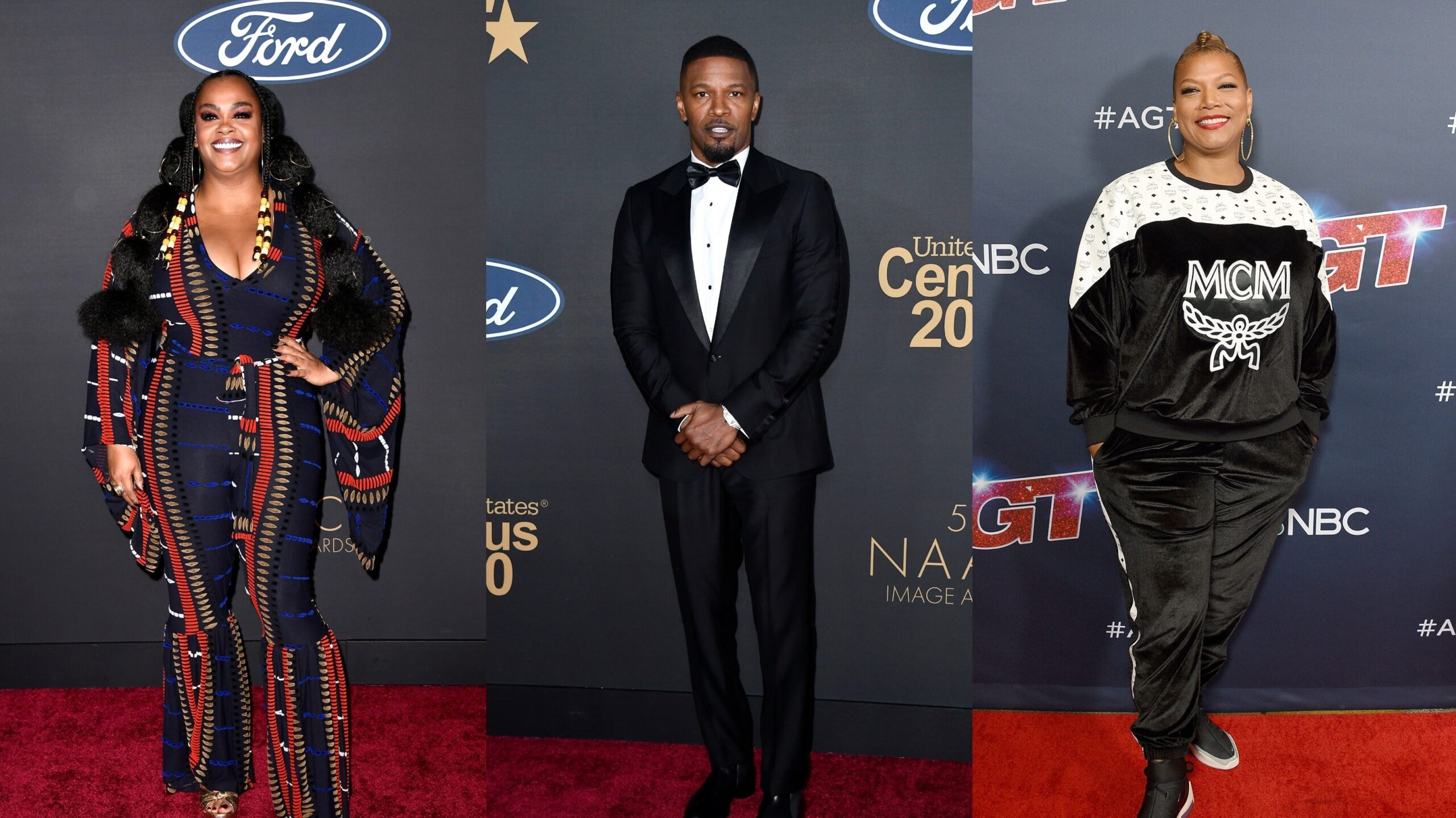 Jill Scott, left, and Jamie Foxx, center, attends the 51st NAACP Image Awards, Presented by BET on February 22, 2020 in Pasadena, California. ; Queen Latifah arrives at “America’s Got Talent” Season 14 Live Show on September 10, 2019 in Hollywood, California. Photo: Getty Images Frazer Harrison/Getty Images