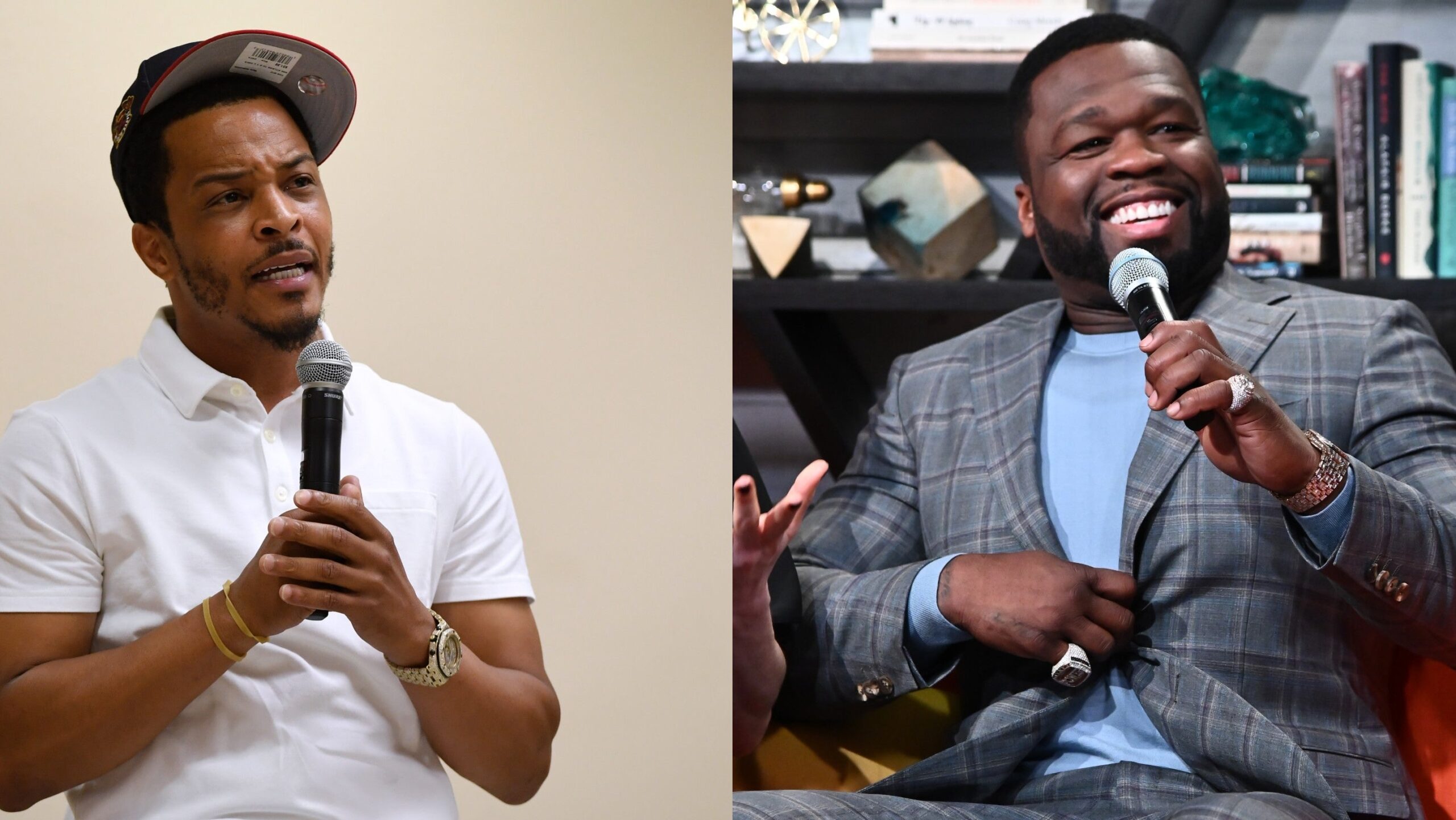 Tip “T.I.” Harris moderates the Solutions, Strategies & Service Summit on race and policing on June 24, 2020, in Las Vegas, Nevada. ; Alex Berg and Curtis “50 Cent” Jackson during BuzzFeed’s “AM To DM” on February 11, 2020, in New York City. Photo: Getty Images Ethan Miller