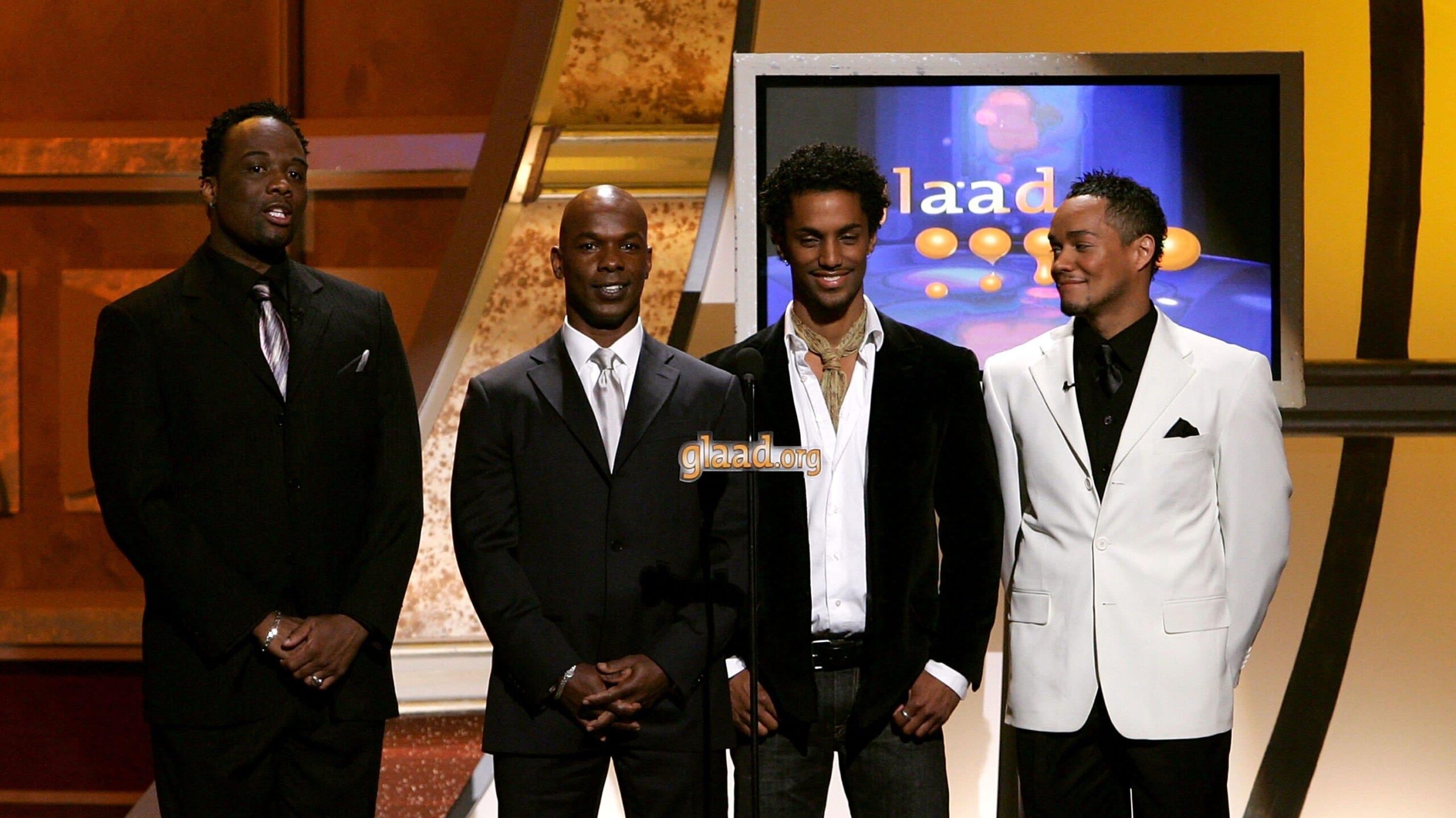 Rodney Chester, Doug Spearman, Darryl Stephens and Christian Vincent of the show “Noah’s Arc” speak onstage at the 17th Annual GLAAD Media Awards on April 8, 2006 in Hollywood, California. Photo: Getty Images Frazer Harrison