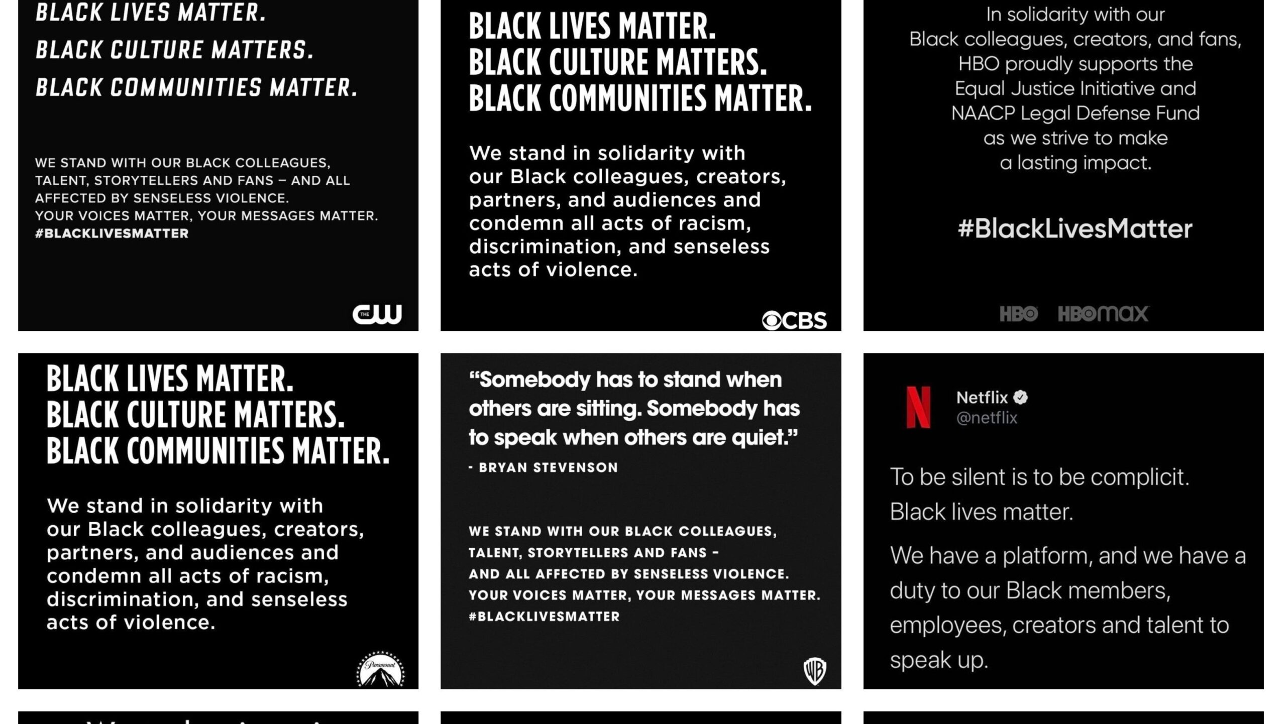 Black Lives Matter support via social media from networks and production companies such as The CW, CBS, HBO/HBO Max, Paramount, Warner Bros., Netflix, etc. Graphic: Instagram