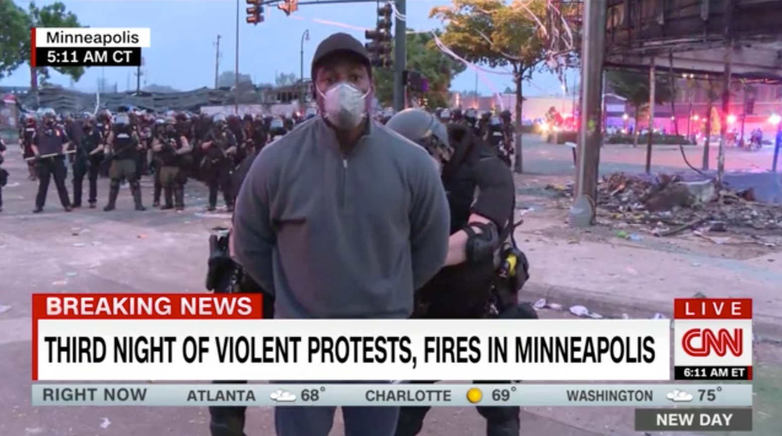 The live, on-air arrest of CNN reporter Omar Jimenez in Minneapolis. Screenshot: CNN