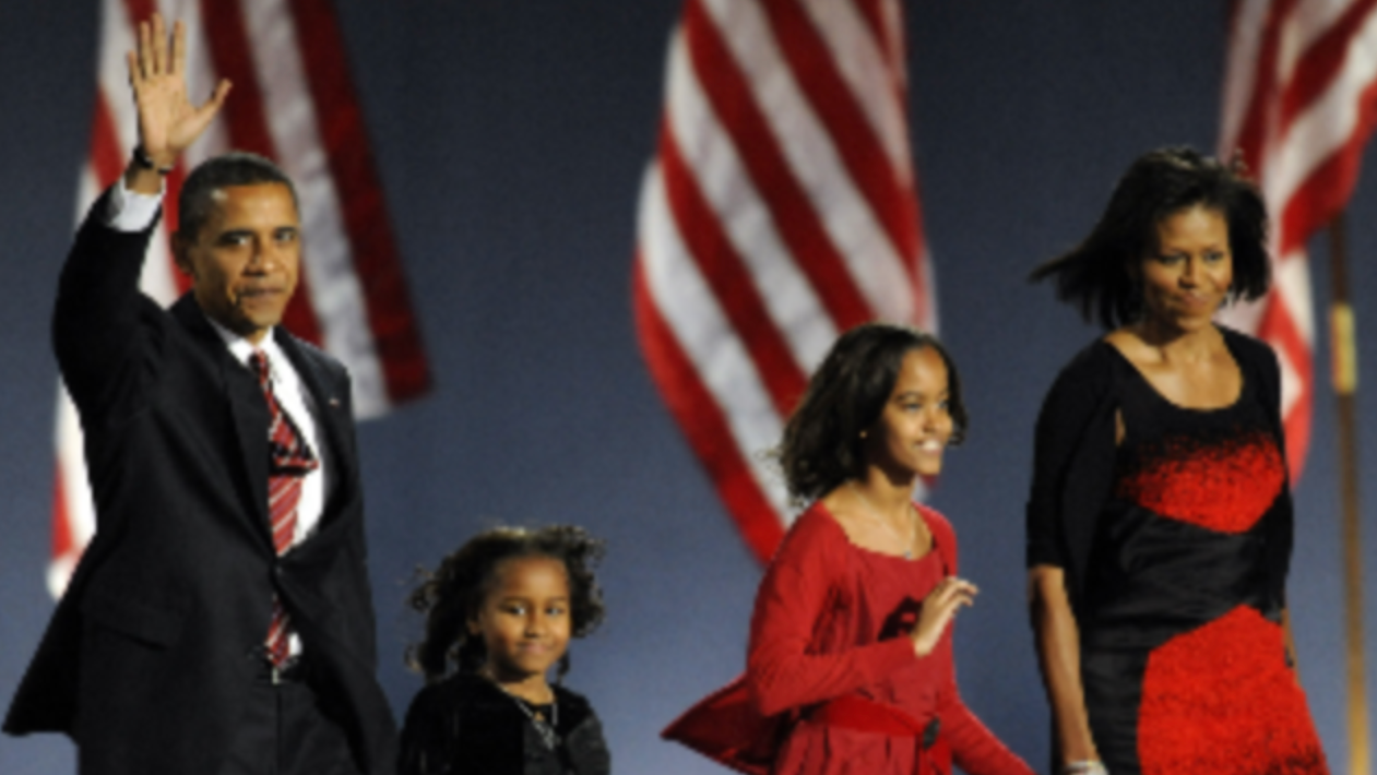 Democratic then-presidential candidate Barack Obama and his family arrive on stage for his election night victory rally on November 4, 2008, in Chicago, Illinois. Photo: AFP via Getty Images Saul Loeb
