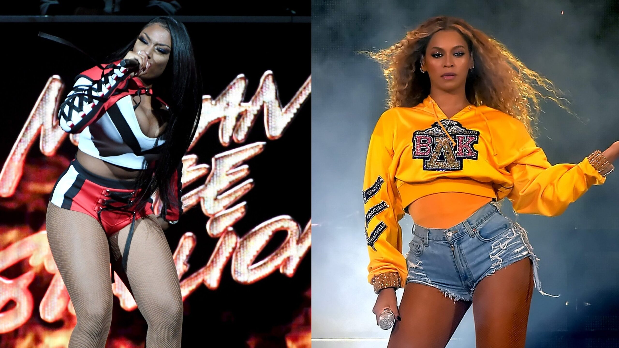 (L-R): Megan Thee Stallion performs onstage during the EA Sports Bowl at Bud Light Super Bowl Music Fest on January 30, 2020 in Miami, Florida. ; Beyonce Knowles performs onstage during 2018 Coachella Valley Music And Arts Festival Weekend 1 on April 14, 2018 in Indio, California. Photo: Getty Images for EA Sports Bowl at Bud Light Super Bowl Music Fest Kevin Winter
