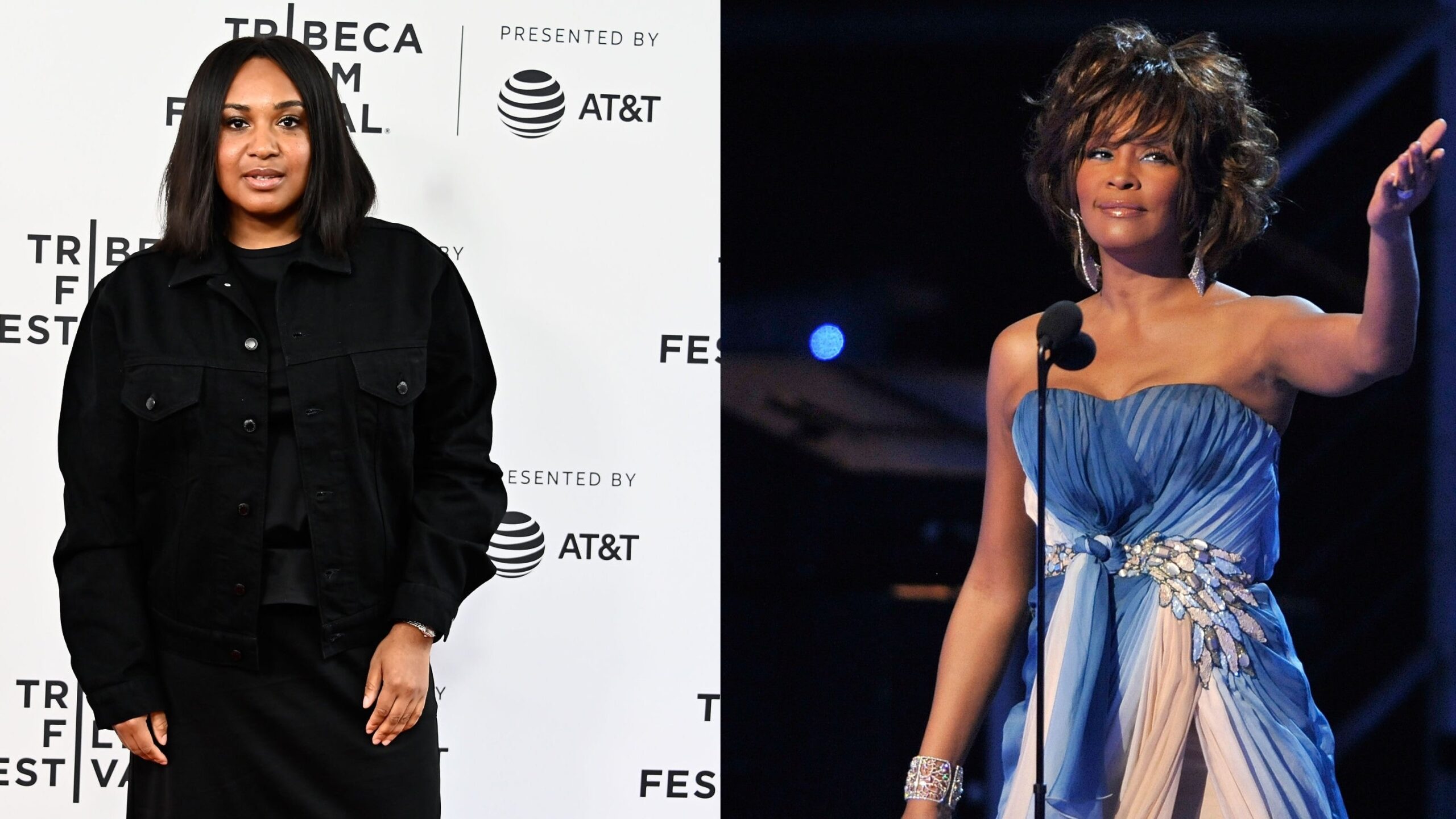 Stella Meghie, left, attends a screening of “The Weekend” during 2019 Tribeca Film Festival on May 03, 2019 in New York City. ; Whitney Houston speaks during the 51st Annual Grammy Awards on February 8, 2009 in Los Angeles, California. Photo: Getty Images for Tribeca Film Festival Astrid Stawiarz