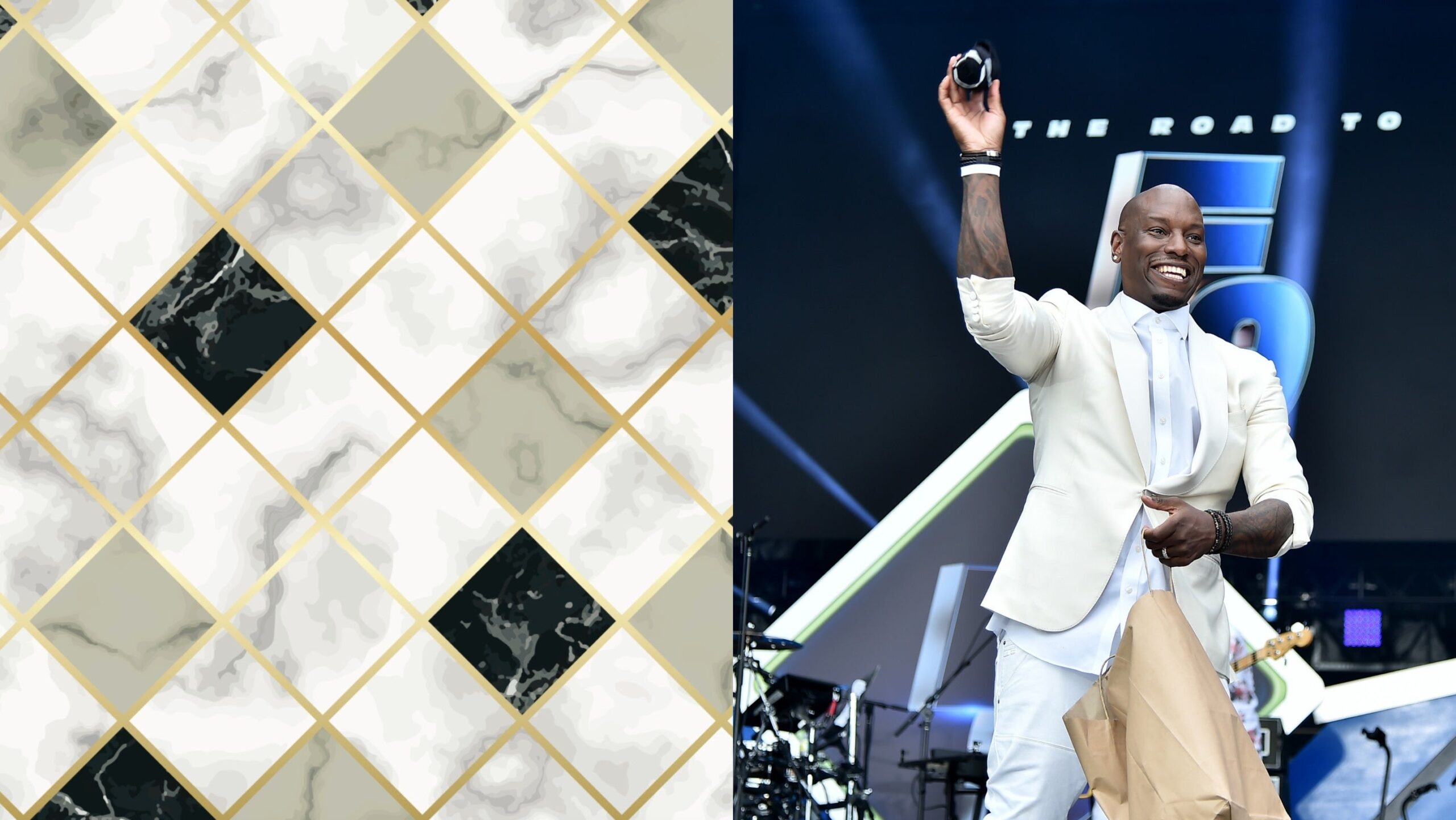 Vector marble seamless pattern with golden geometric diagonal lines, left; Tyrese Gibson speaks onstage during Universal Pictures Presents The Road To F9 Concert and Trailer Drop on January 31, 2020 in Miami, Florida. Photo: Shutterstock