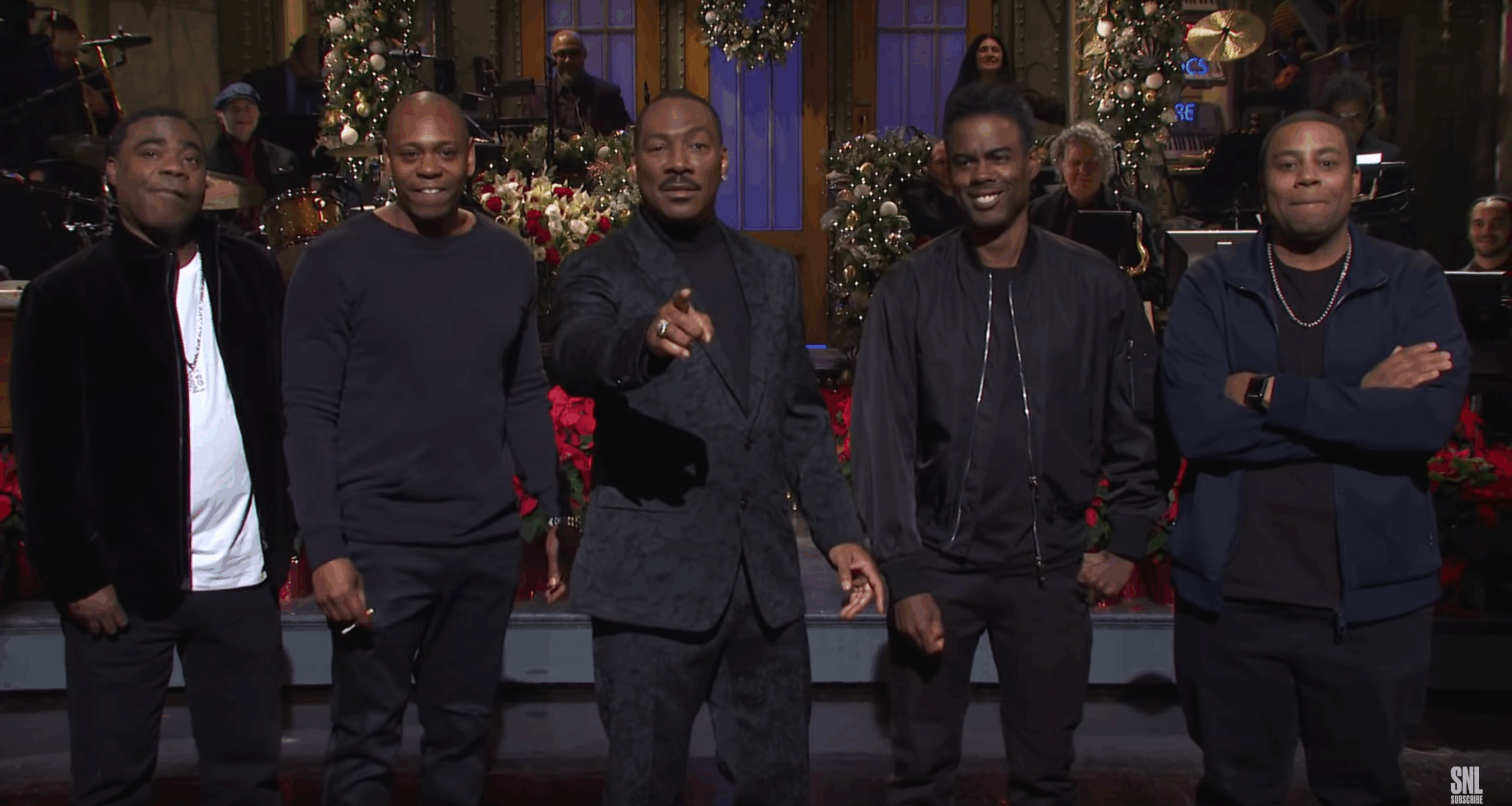 Tracy Morgan, Dave Chappelle, Eddie Murphy, Chris Rock and Kenan Thompson on the Dec. 21 edition of NBC’s Saturday Night Live. Screenshot: NBC