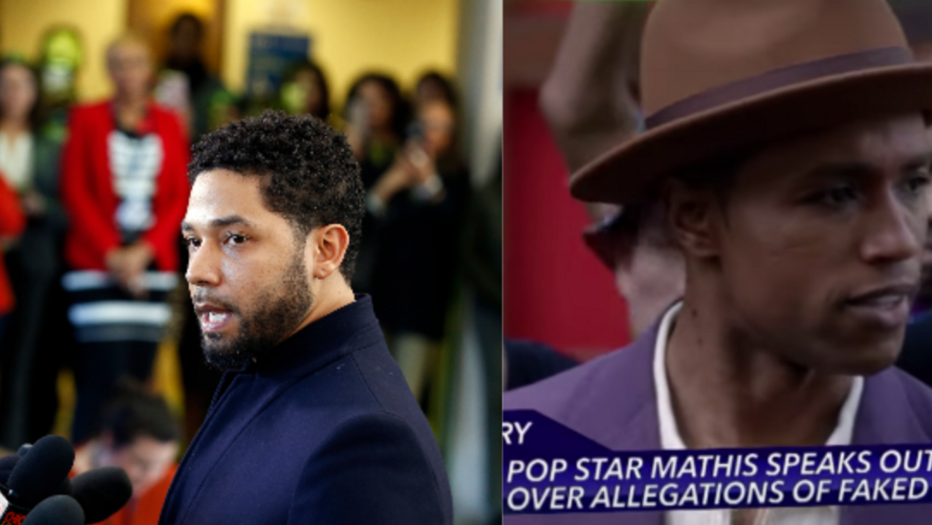 (L-R): Jussie Smollett speaks with members of the media after his court appearance at Leighton Courthouse on March 26, 2019 in Chicago, Illinois. ; “A Celebrity Is Attacked” clip from Law & Order: SVU Photo: Getty Images Nuccio DiNuzzo