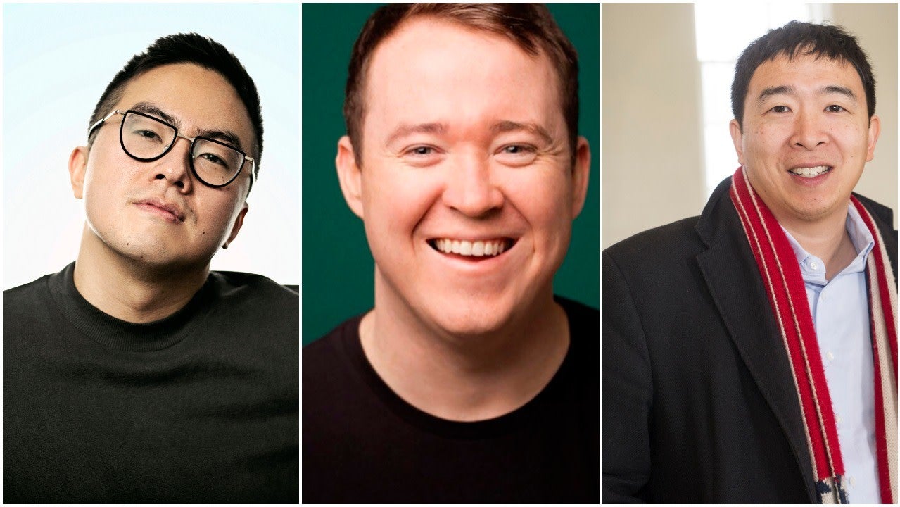 Celebrated new SNL cast hire Bowen Yang; ousted comic Shane Gillis; Democratic presidential hopeful Andrew Yang Photo: NBC via AP Alex Schaefer
