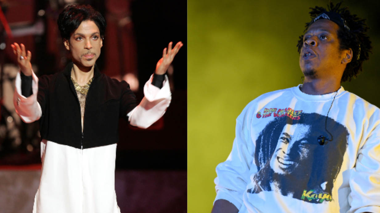 (L-R): Musician Prince is seen on stage at the 36th NAACP Image Awards on March 19, 2005 in Los Angeles, California. Prince was honored with the Vanguard Award. ; Jay-Z performs onstage at SOMETHING IN THE WATER - Day 2 on April 27, 2019 in Virginia Beach City. Photo: Getty Images Kevin Winter