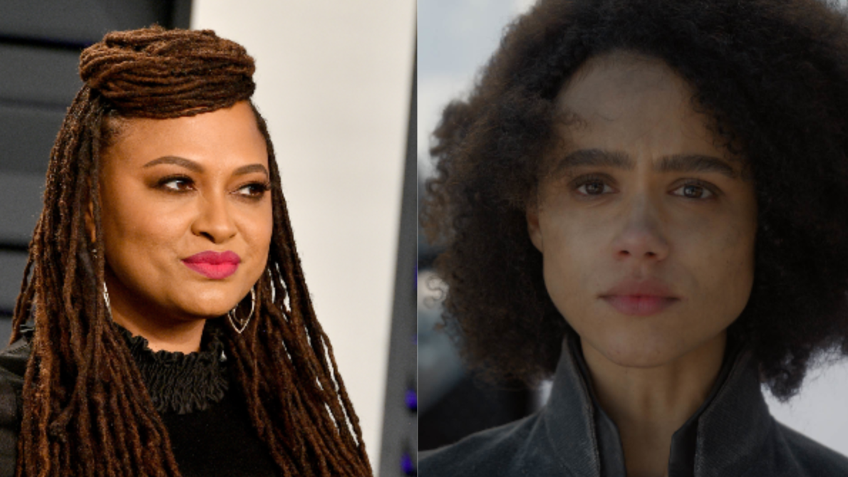 (L-R): Ava DuVernay attends the 2019 Vanity Fair Oscar Party on February 24, 2019 in Beverly Hills, California; Nathalie Emmanuel in Game of Thrones, Season 8, Episode 4. Photo: Getty Images Dia Dipasupil